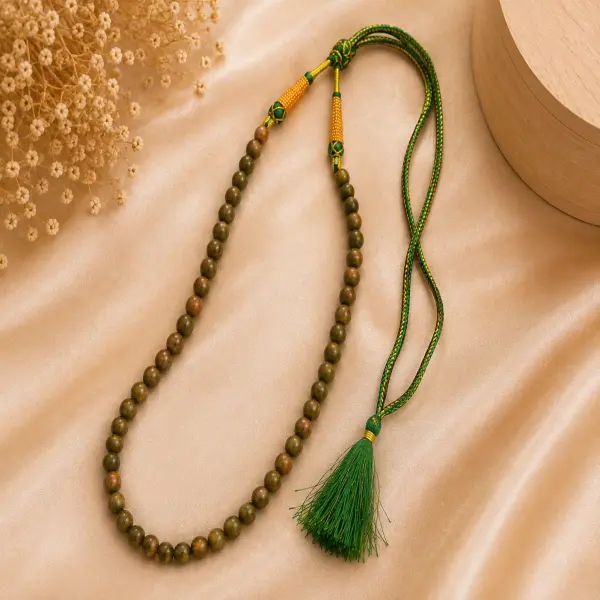 Natural Unakite Stone Beaded Necklace with Traditional Sarafa Thread – 20 Inches