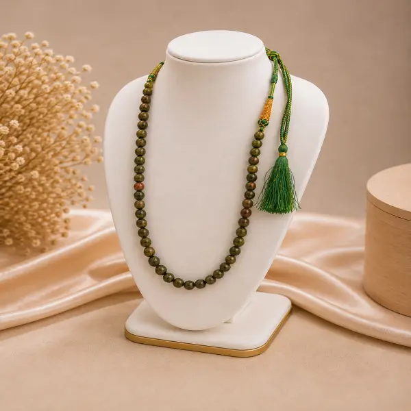 Natural Unakite Stone Beaded Necklace with Traditional Sarafa Thread – 20 Inches